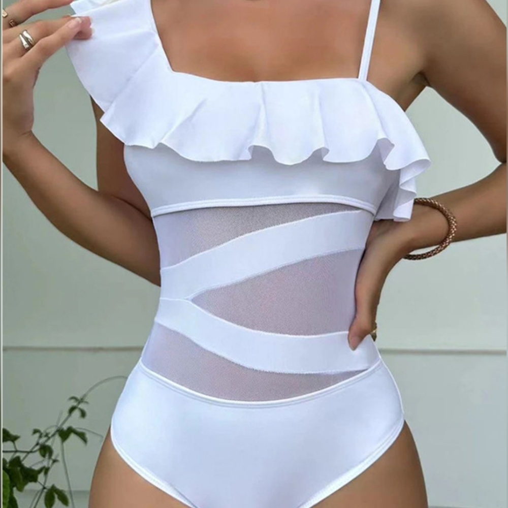 White Ruffled One Piece Swimsuit